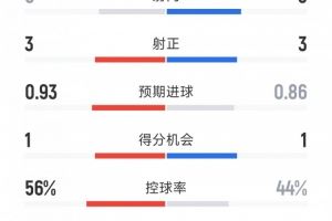 切尔西1-0本菲卡全场数据:射正8-9,射正3-3,黄牌4-5,红牌1-0