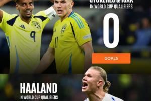  档次差距？哈兰德8场16球头名进世界杯，瑞典2.7亿锋线4场1球垫底